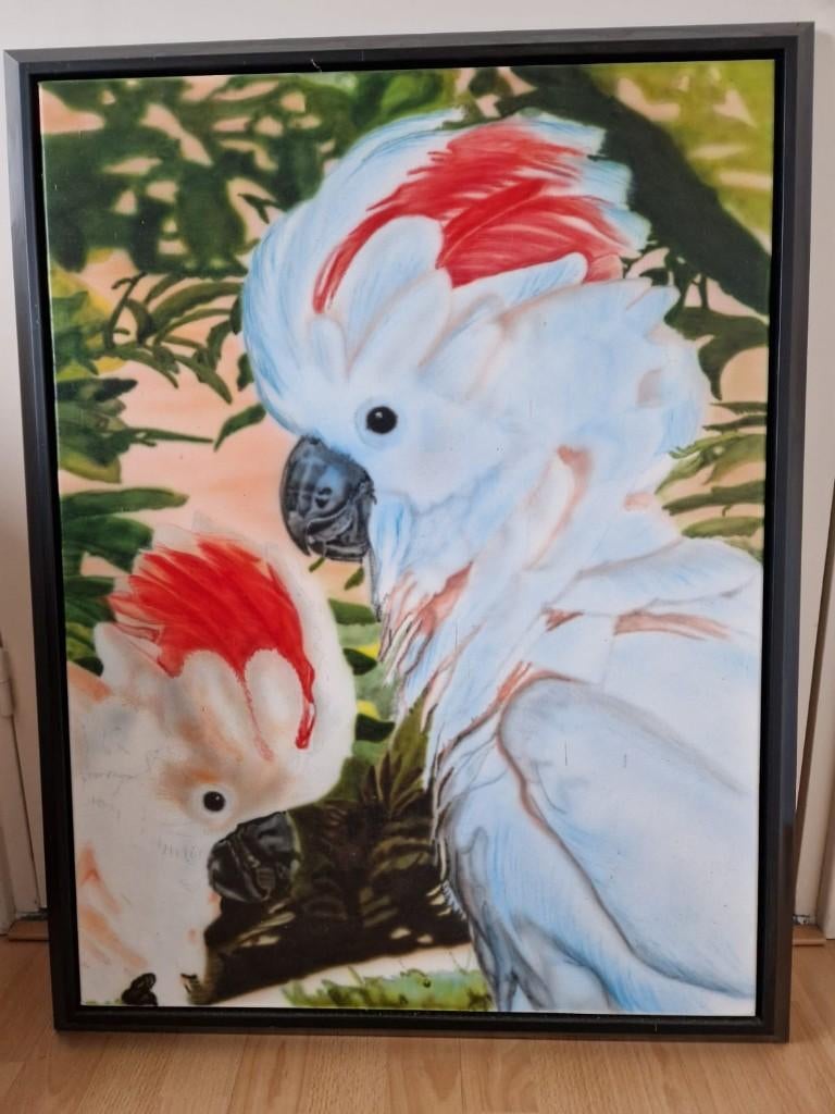 Handgemaakt schilderij (air brush) koppel Molukken kaketoes, Dieren en Toebehoren, Vogels | Parkieten en Papegaaien, Meerdere dieren