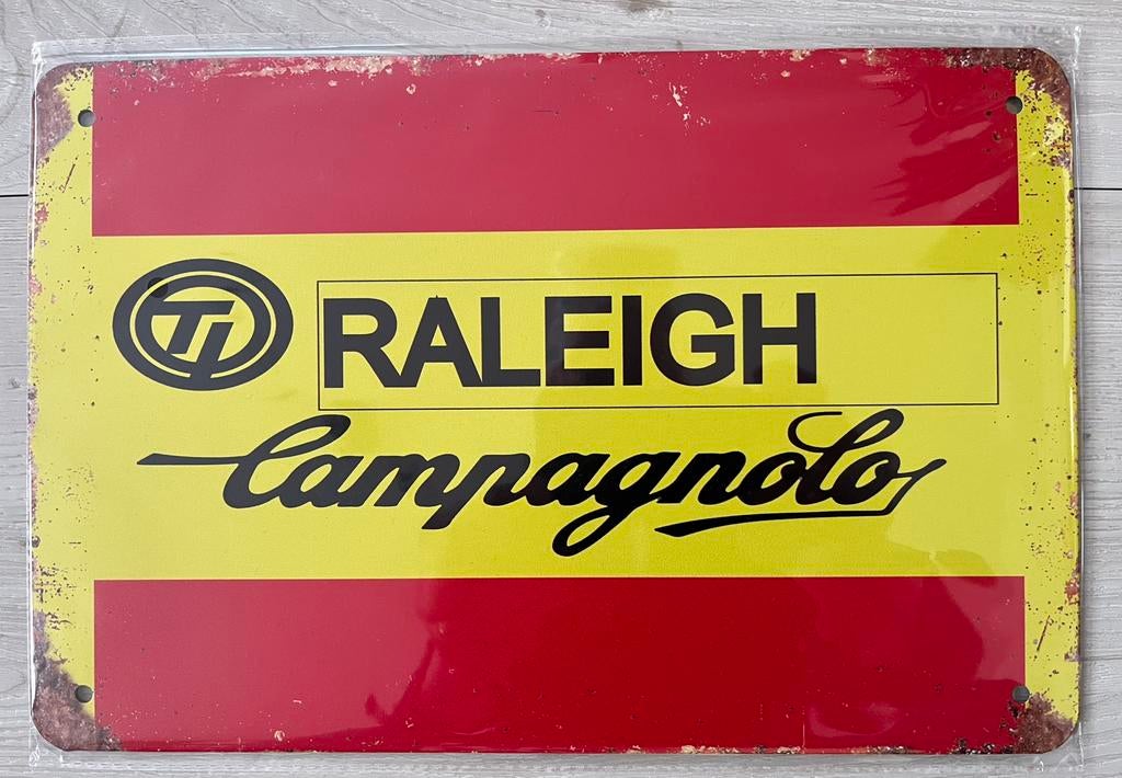 Raleigh Campagnolo wielrennen metalen reclamebord 20x30 cm, Ophalen of Verzenden, Zo goed als nieuw, Reclamebord