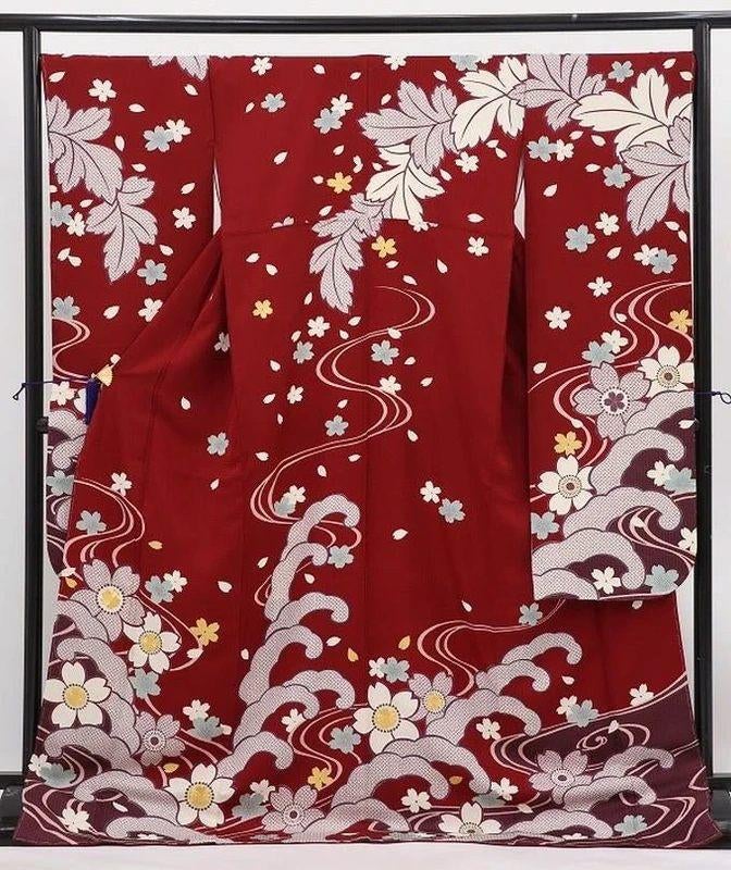 Rode sakura furisode kimono, Japans, golven, shibori, goud, Ophalen of Verzenden, Dames