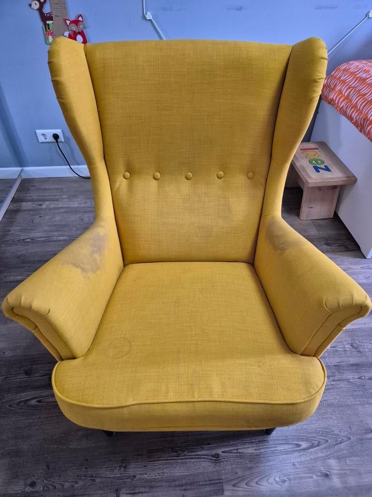 IKEA Strandmon fauteuil - Gele stof, Huis en Inrichting, Ophalen, Gebruikt, 75 tot 100 cm, Stof