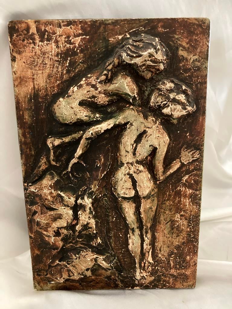 Wandreliëf met twee naakte dames, gesigneerd, Antiek en Kunst, Groep mensen, Minder dan 20 cm, Ophalen of Verzenden, Wanddecoratie