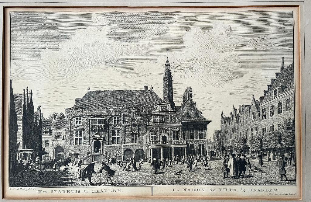 Grote kopergravure 1764 Gezicht op het Stadhuis te  Haarlem, Antiek en Kunst, Kunst | Etsen en Gravures, Ophalen of Verzenden