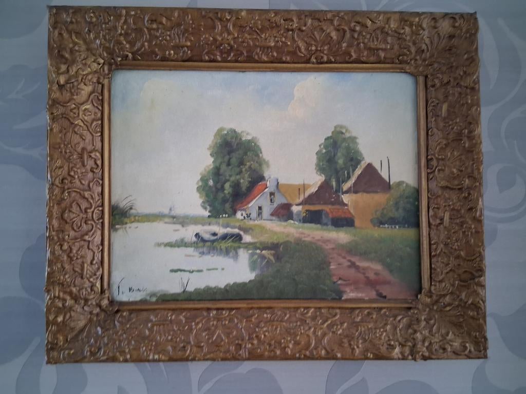 Oud schilderij landschap brocante lijst, Ophalen of Verzenden