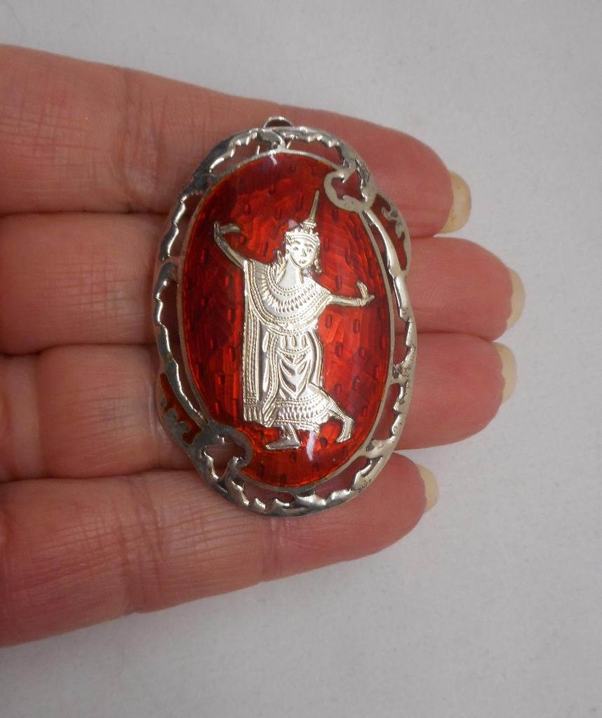 Zilveren antieke broche / hanger met emaillen nr.1037, Sieraden, Tassen en Uiterlijk, Antieke sieraden, Verzenden, Zilver, Broche