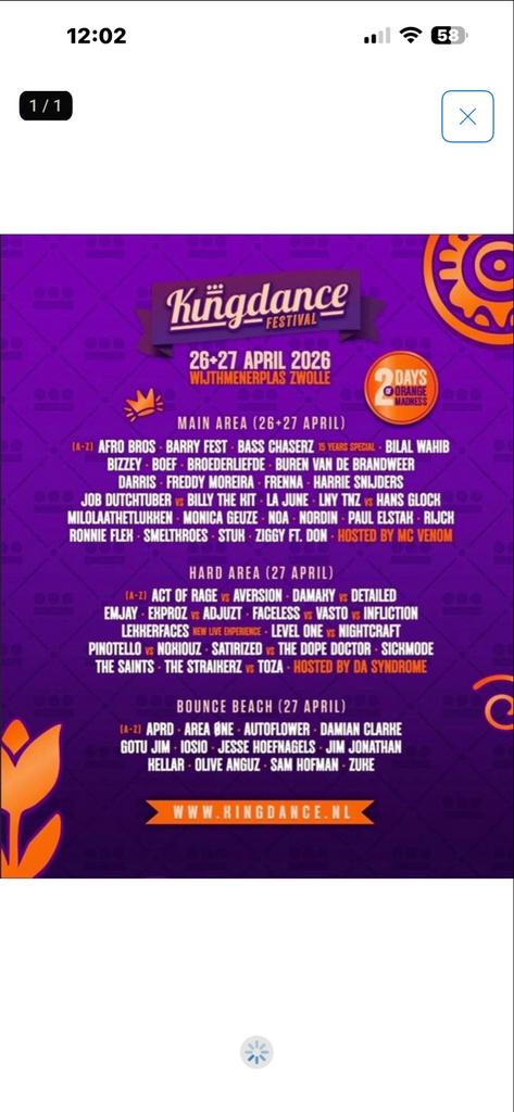 Kingsdance 2 tickets + parkeer kaart, Twee personen