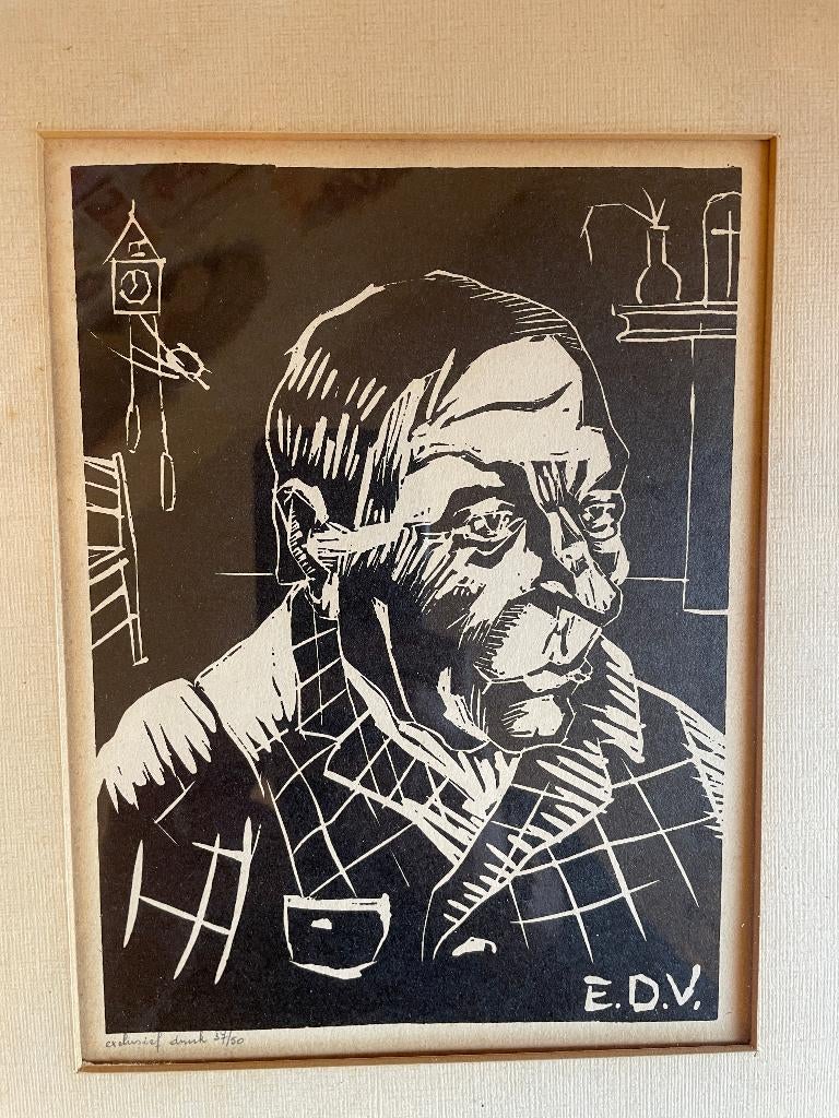 Houtsnede van oude man door E.D.V. no. 37/50, Ophalen of Verzenden