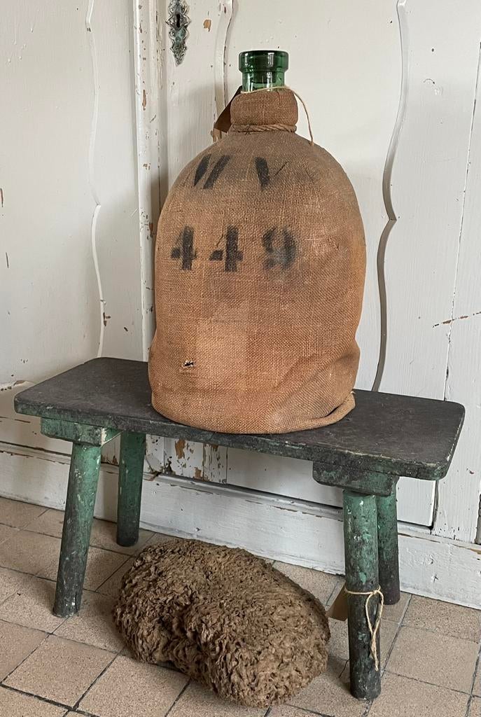 Brocante oud houten krukje / bankje groen, Antiek en Kunst, Curiosa en Brocante, Ophalen of Verzenden