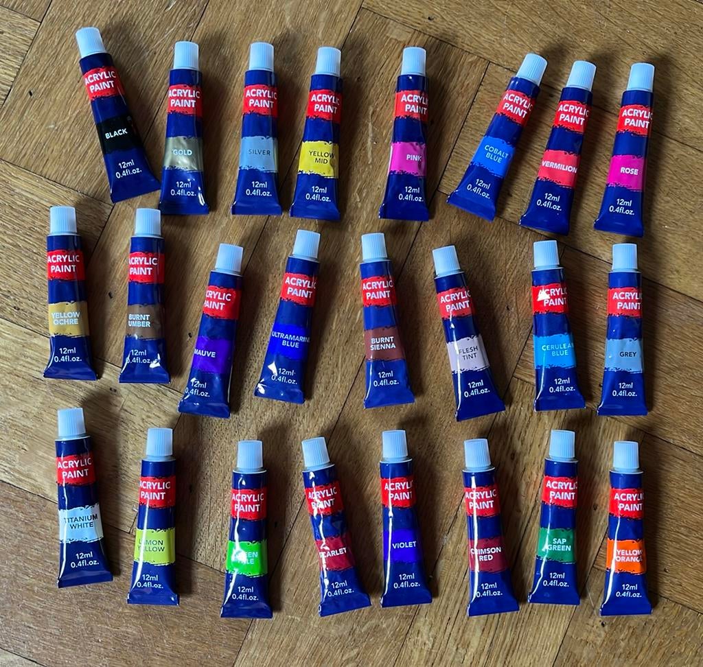 24 tubes acrylverf 12ml, Hobby en Vrije tijd, Ophalen of Verzenden, Zo goed als nieuw, Acrylverf