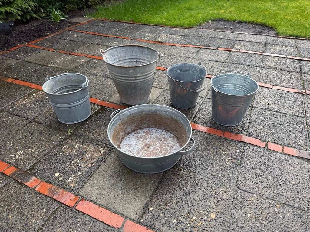 Zinken emmers en bloembak, Ophalen, Gebruikt, Zink, Met handgreep