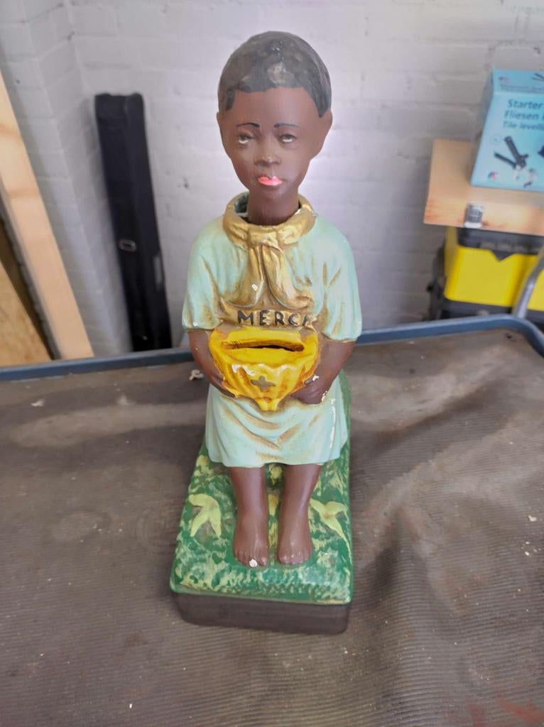 Missie spaarpot 1950-60 'MERCI' ja knikker art nouveau, Ophalen of Verzenden