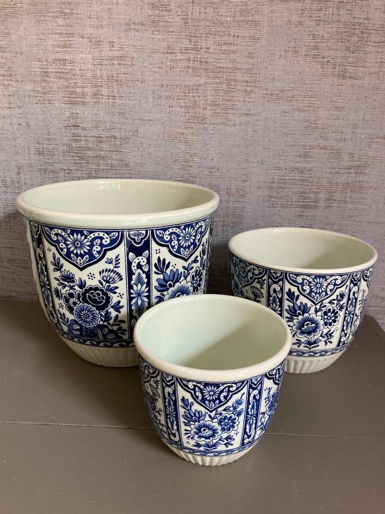 3 antieke Delfts blauwe bloempotten Royal Sphinx by Boch, Antiek en Kunst, Ophalen of Verzenden