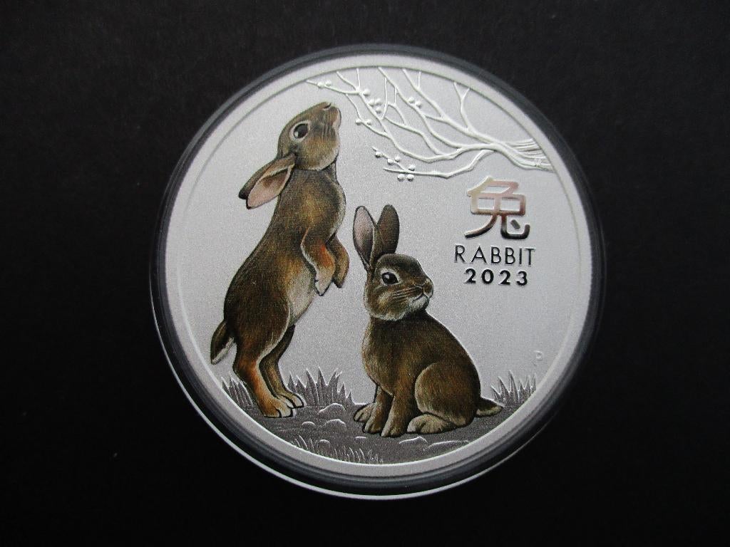 2023 Australia $1 Lunar Year Rabbit 1 Oz silver Color in box, Ophalen of Verzenden, Losse munt, Zilver