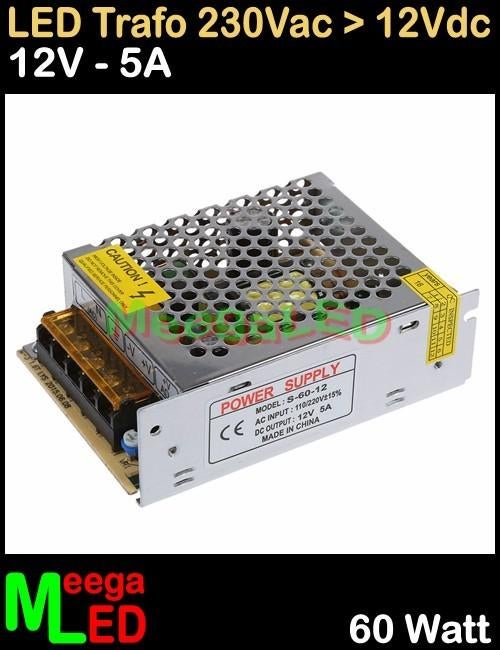 LED Trafo Voeding Adapter Driver - 230V > 12V - 5A = 60W - O, Ophalen of Verzenden, Nieuw, LEDtrafo