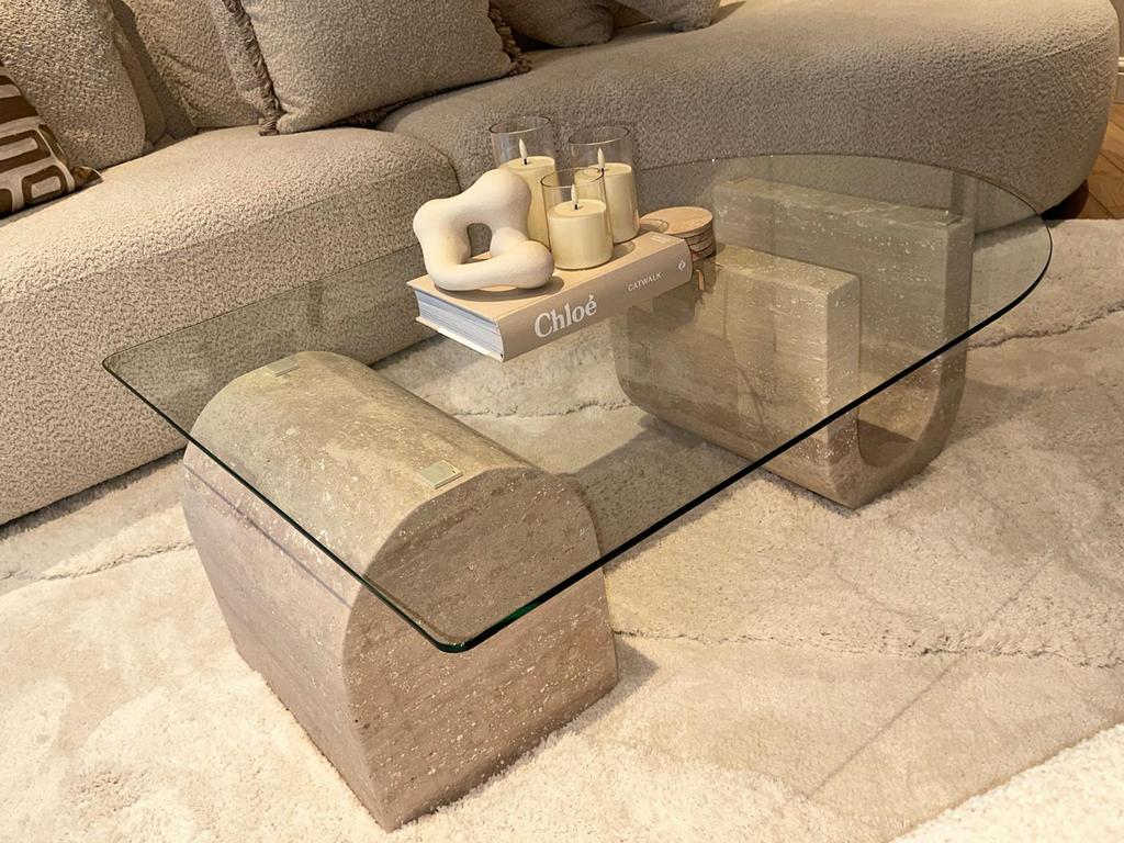 Travertin Salontafel met Glasplaat | 110 x 80, Huis en Inrichting, Tafels | Eettafels, Ophalen, 100 tot 150 cm, 50 tot 100 cm