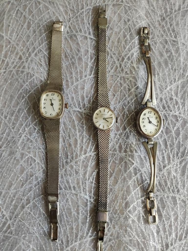 Drie mooie vintage zilveren dameshorloge, 1 Prisma, 2 Ancre, Verzenden