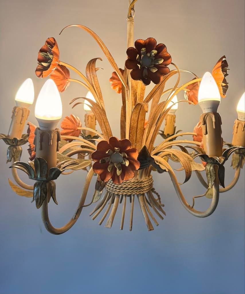 Vintage Bloemenlamp Kroonluchter, Ophalen of Verzenden, Gebruikt, Metaal