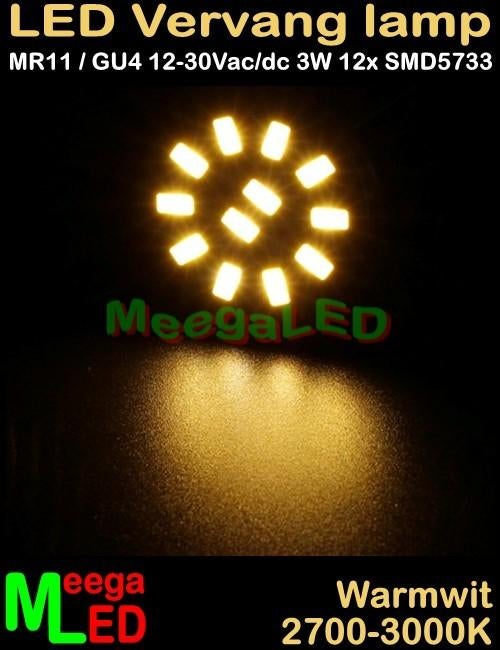 LED MR11 GU4 LEDspot LEDlamp 3W - 12SMD5733 - Warmwit, 30 tot 60 watt, Led-lamp, Nieuw, Bipin of Steekvoet