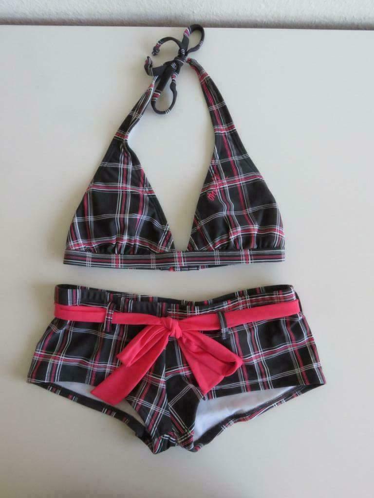 O'neill halterbikini grijs met roze ruit maat 36C en 36, Kleding | Dames, Badmode en Zwemkleding, Zo goed als nieuw, Bikini, Grijs