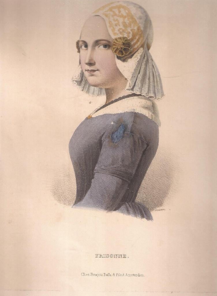 Frisonne Klederdrachtprent Litho François Buffa 1860 Friezin, Antiek en Kunst, Ophalen of Verzenden