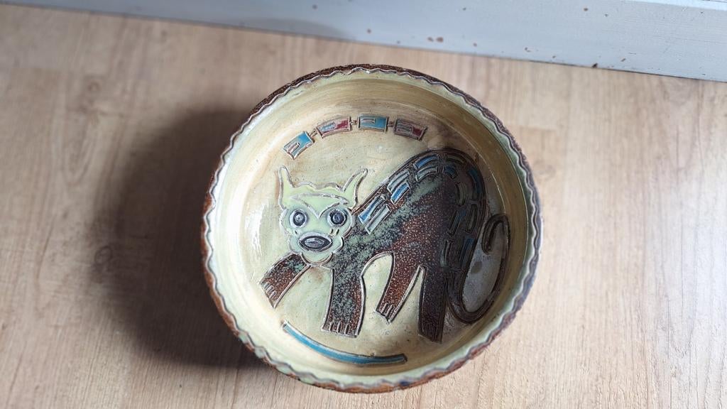 Keramische geglazuurde  schaal met afbeelding kat, zie foto', Ophalen of Verzenden