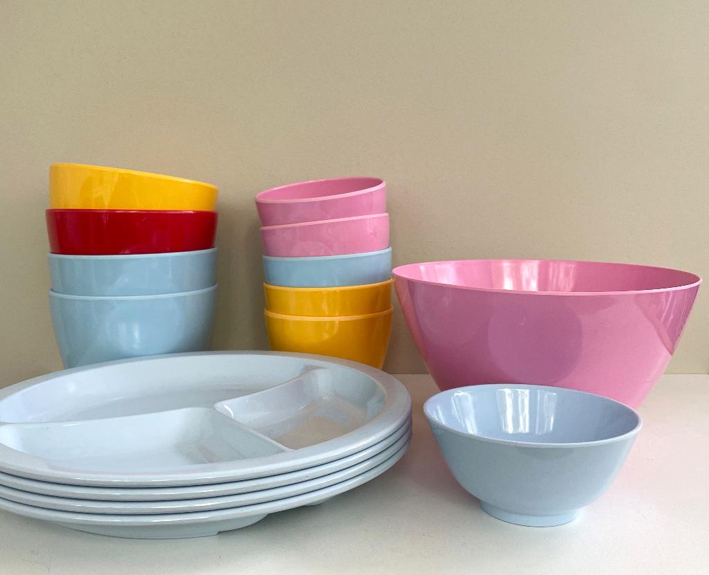 set SCHALEN borden bakjes retro vintage kleurtjes melamine, Overige materialen, Gebruikt, Overige typen, Ophalen of Verzenden