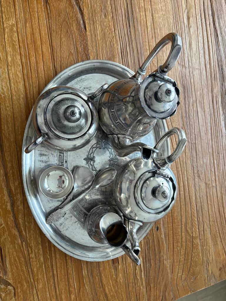 Antiek verzilverd theeservies met dienblad, Antiek en Kunst, Antiek | Goud en Zilver, Zilver, Ophalen of Verzenden