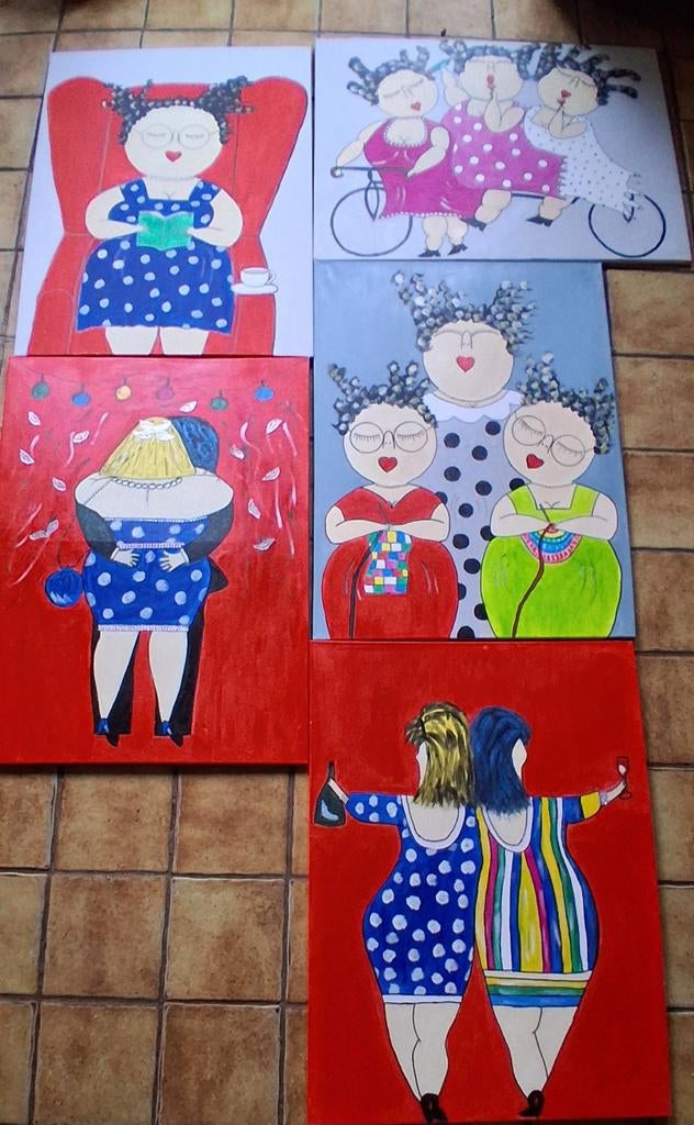 GRATIS. Dikke Dames schilderijen. 60/80 cm. 5 stuks. GRATIS., Antiek en Kunst, Kunst | Schilderijen | Modern, Ophalen