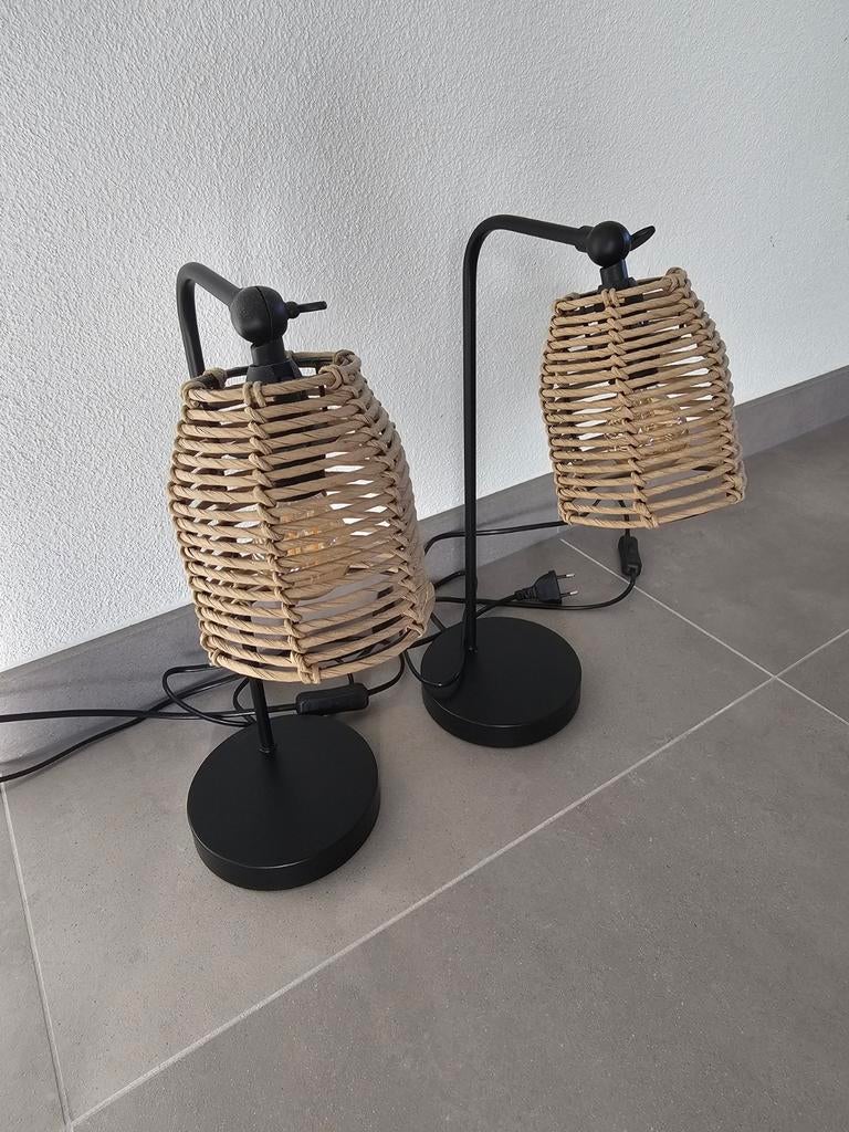 Tafellampen met rotan kap, set van 2 (zgan), Ophalen of Verzenden, Zo goed als nieuw, Minder dan 50 cm
