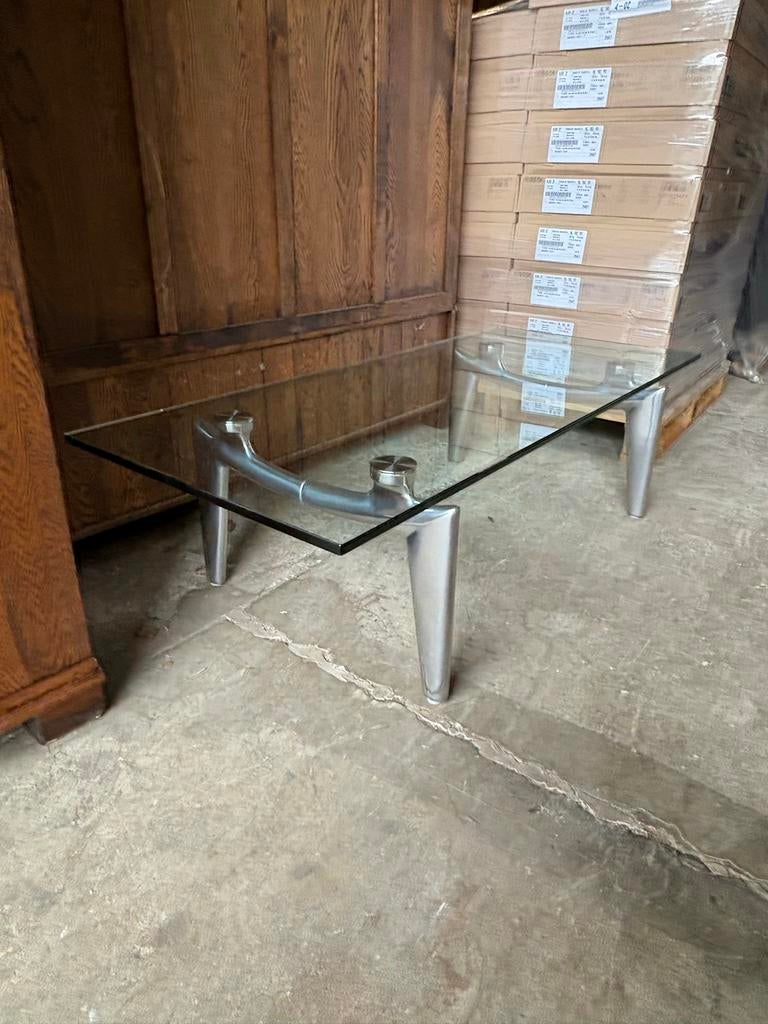 Leolux Farandole Glazen Salontafel met Aluminium Onderstel, Ophalen, Gebruikt, 100 tot 150 cm, 50 tot 100 cm