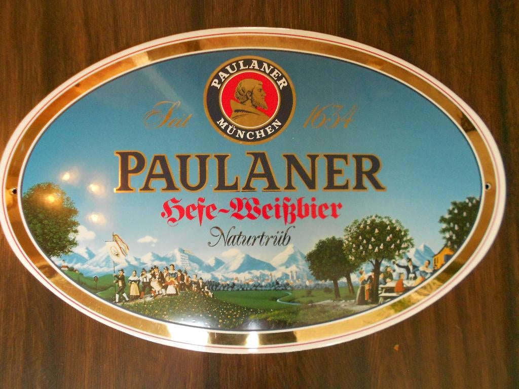 Paulaner bier reclame bord emaille, Ophalen of Verzenden, Gebruikt, Reclamebord, Plaat of Schild, Overige merken