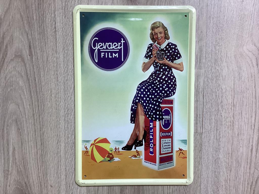 Vintage GEVAERT FILM reclame bord (geen emaille) € 0,00, Ophalen of Verzenden, Zo goed als nieuw, Reclamebord