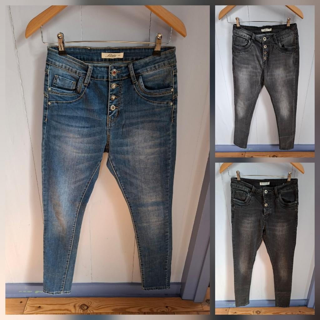 3x Mooie "Jewelly" skinny dames spijkerbroek. Mt.S., Blauw, Zo goed als nieuw, W28 - W29 (confectie 36), Jewelly