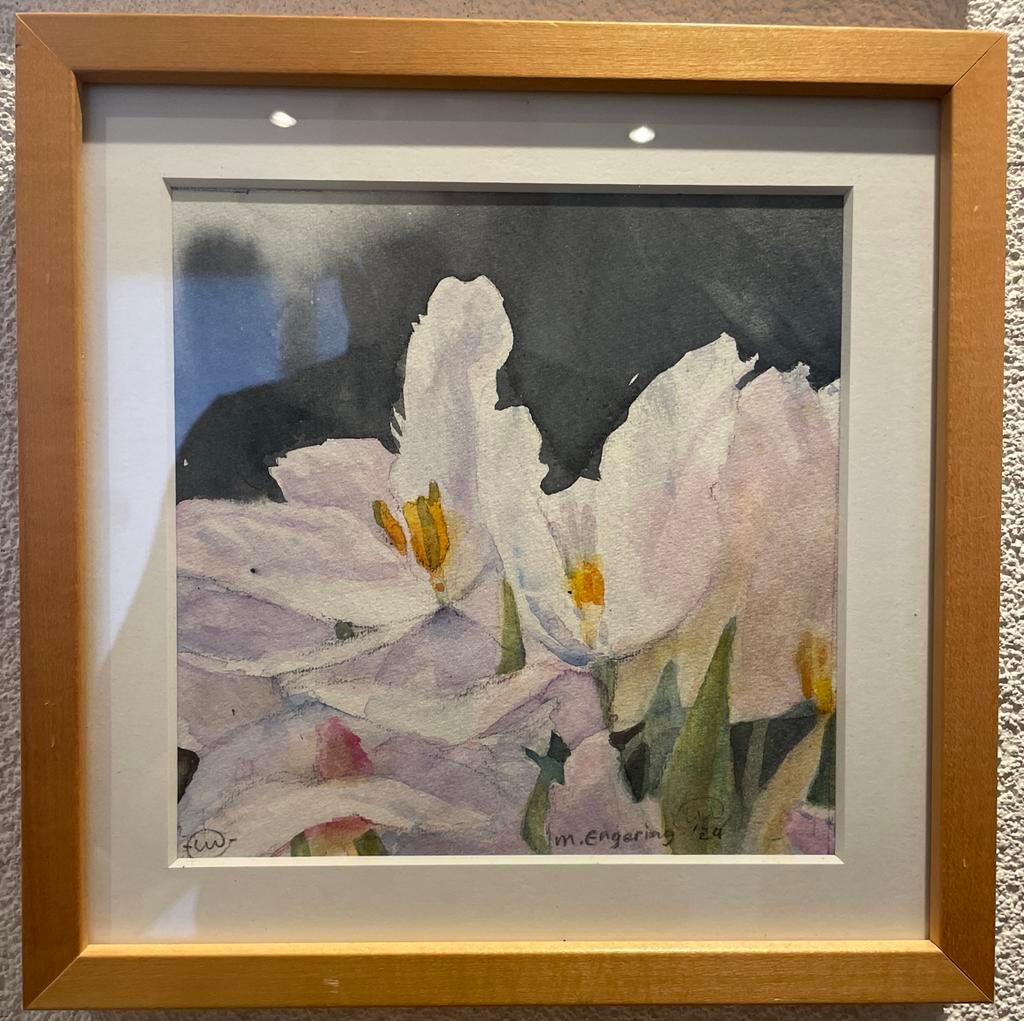 Aquarel schilderij van witte tulpen in houten lijst, Ophalen of Verzenden