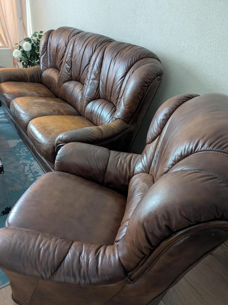 leren bank 3 zits en grote stoel, Huis en Inrichting, Ophalen, 150 tot 200 cm, Driepersoons, Zo goed als nieuw