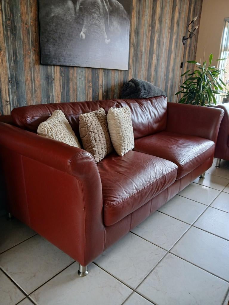 Leren bankstel - 2-zitsbank, roodbruin, Huis en Inrichting, Banken | Bankstellen, Gebruikt, Rechte bank, Tweepersoons, 150 tot 200 cm