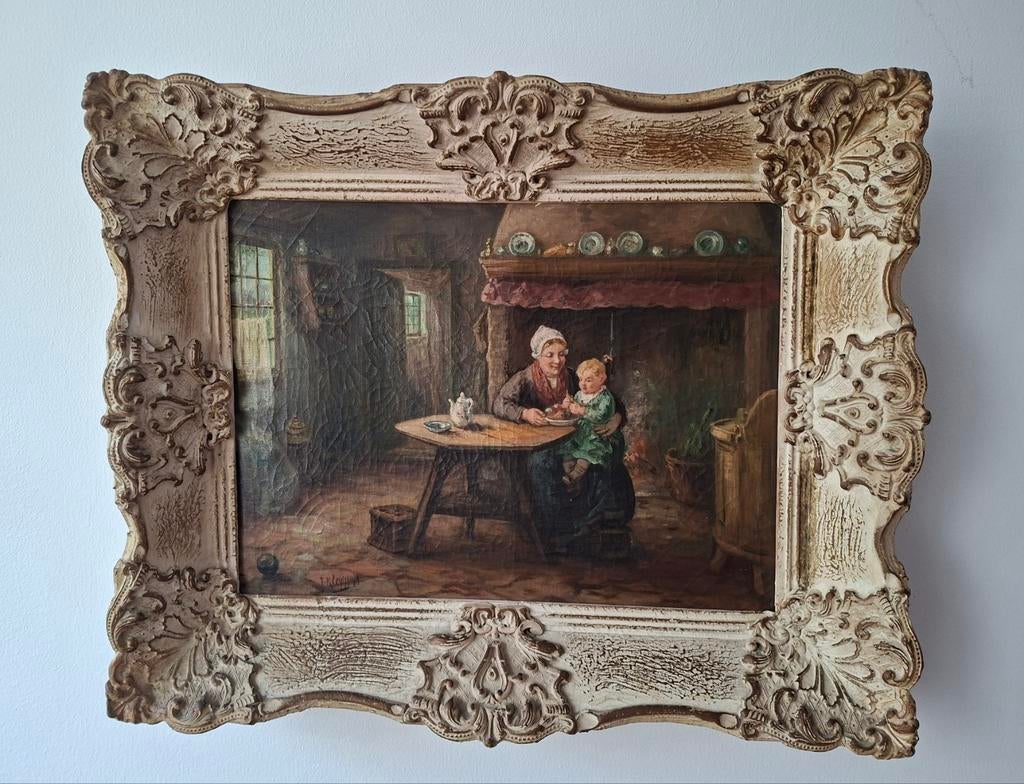 Oud olieverf schilderij: Moeder en kind in interieur, Antiek en Kunst, Kunst | Schilderijen | Klassiek, Ophalen of Verzenden