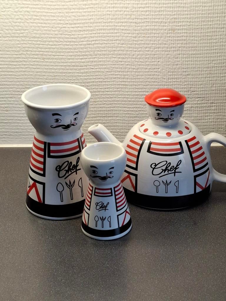 Chef theepot, melkkan en eierdopje set, Huis en Inrichting, Ophalen of Verzenden, Gebruikt