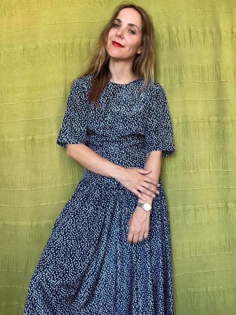 Vintage jurk - blauw - print - maxi dress - 38/M/medium, Maat 38/40 (M), Hgv, Blauw, Hgv