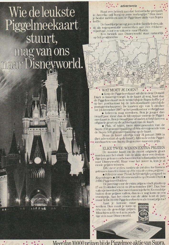 Retro reclame 1987 Van Nelle wedstrijd Disneyworld Piggelmee, Verzenden, Overige typen