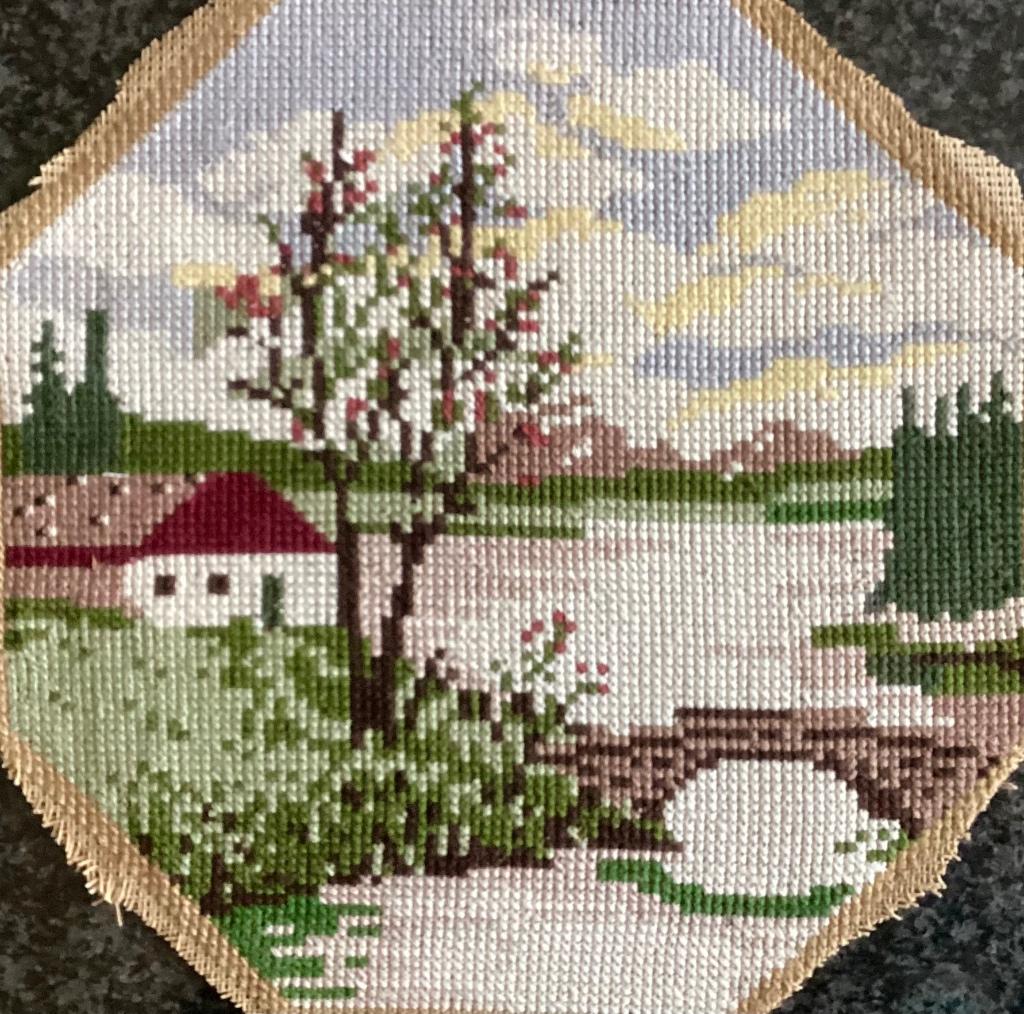 Borduurwerk, zijde, huis, rivier, vintage, Ophalen, Gebruikt, Handborduren, Overige typen