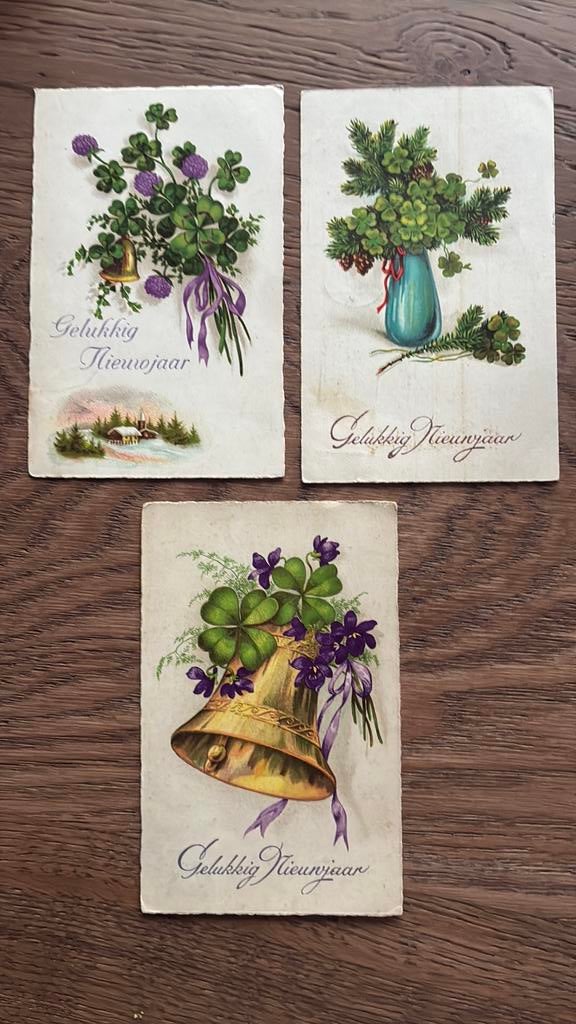 3x Gelukkig Nieuwjaar. Bel. Vaas en boeket klaver, Ophalen, 1920 tot 1940, Gelopen