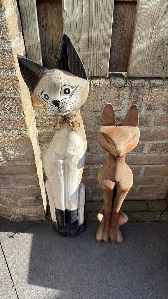 2 houten katten beelden / vintage, Ophalen, Gebruikt, Dier