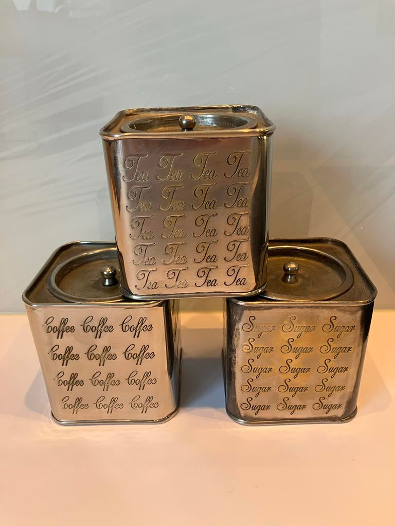 Set van 3 vintage voorraadblikken: koffie, thee, suiker, Ophalen of Verzenden