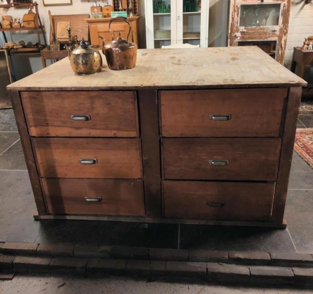 Prachtige grote vintage brocante antieke ladekast kookeiland, Ophalen, Gebruikt, 100 tot 150 cm, 5 laden of meer