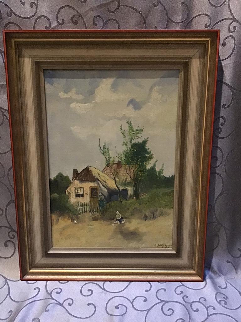 Geschilderde Oude boerderij in houten lijst  46x36 cm, Ophalen