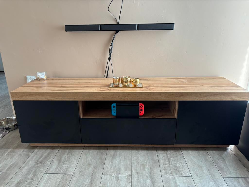 Tv meubel hout zwart 170cm, 150 tot 200 cm, Ophalen of Verzenden, Zo goed als nieuw, Minder dan 100 cm