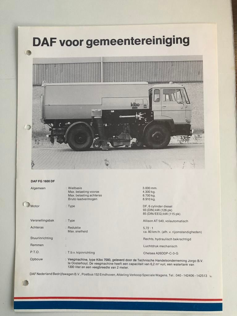 Folder technische specificatie DAF FA 1600 veegwagen, Boeken, Ophalen of Verzenden, Gelezen, Overige merken