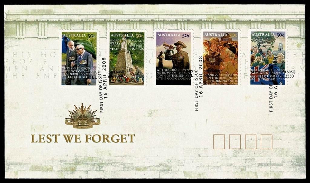 FDC : Australië - 2008 - Lest we forget, Postzegels en Munten, Postzegels | Eerstedagenveloppen, Ophalen of Verzenden, Onbeschreven