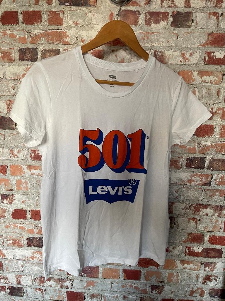 Levi's 501 wit t-shirt met oranje blauwe cijfers medium 38, Maat 38/40 (M), Blauw, Ophalen of Verzenden, Zo goed als nieuw
