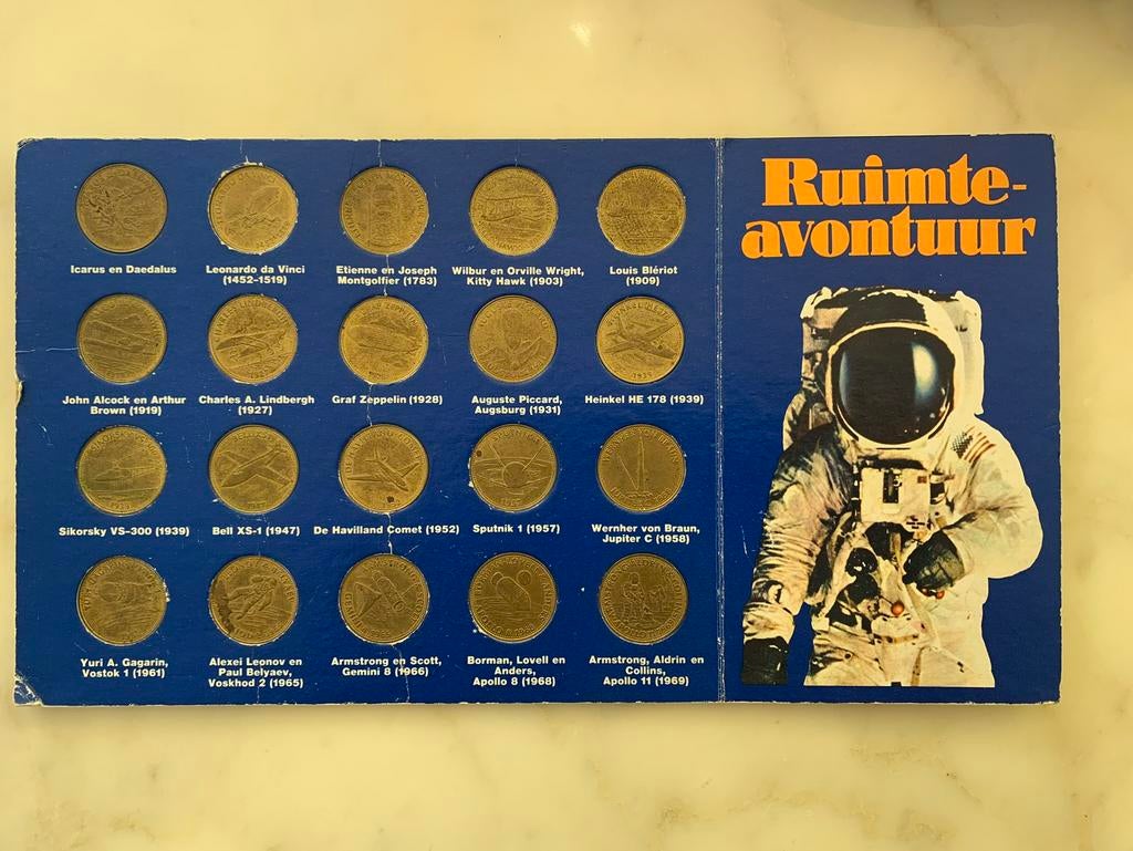 Shell luchtvaart Ruimtevaart munten “Ruimteavontuur”, Postzegels en Munten, Penningen en Medailles, Ophalen of Verzenden, Overige materialen